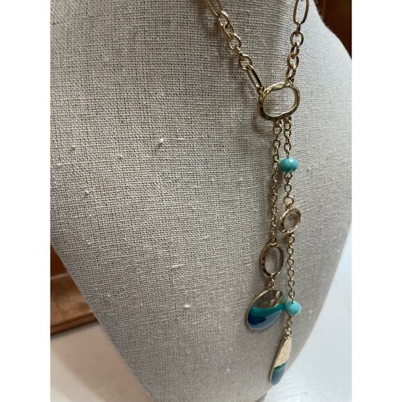 NWT Gold Long Chain Necklace, Turquoise & Teal Accents & Beads & Hammered Gold - Picture 3 of 7
